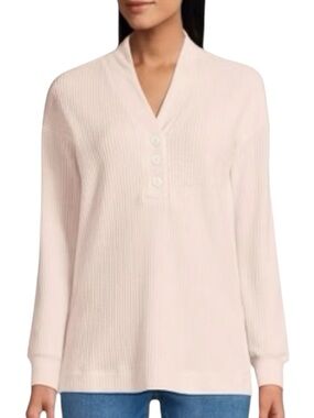 Lands’ End Women's Long Sleeve Waffle Shawl Collar Henley Blossom Heather XL New